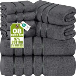 Utopia Towels 8-Piece Luxury Towel Set with Viscose Stripe, Grey