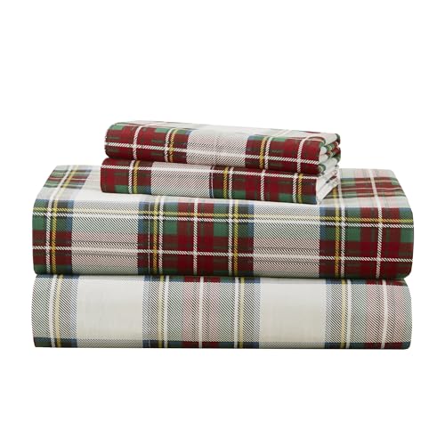 "Comfort Spaces 100% Cotton Twin XL Sheet Set, 144TC Lightweight, 3 Pcs - Breathable &Cool, All Season Bed Sheet with 12"" Elastic Pocket Fits Up to 16"" Mattress, with Pillow Case, Scottish Plaid Red"