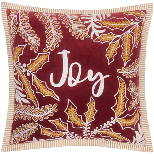 Paoletti Winter Joy Feather Filled Cushion – Luxury Woodland Leaves Embroidered Cotton Velvet Oxford Edge Festive Decorative Pillow (Red – 50x50cm)