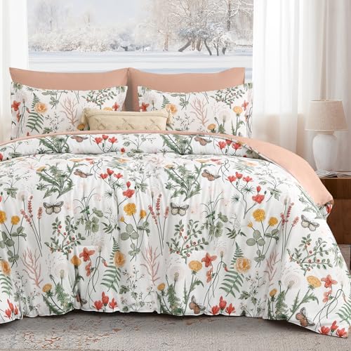 Yiran 7 Piece Floral Comforter Set Queen Size, White Green Comforter Bedding Set, Botanical Bed in a Bag with Flowers Pattern, Soft Microfiber Complete Bedding Set with Sheets for All Season
