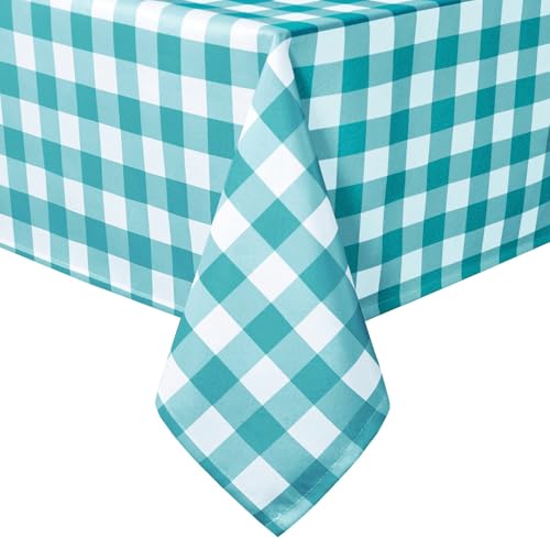 Hiasan 54 x 108 Inch Checkered Tablecloth Rectangle - Waterproof, Wrinkle Resistant and Washable Gingham Table Cloth for Outdoor Picnic, Kitchen and Holiday Dinner, Turquoise and White