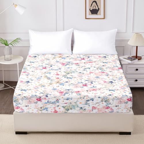 HCORA Floral Fitted Sheet Only, 100% Brushed Microfibre Deep Pocket Fitted Bottom Sheet, Ultra Soft, Shrinkage and Fade Resistant, Twin Size,