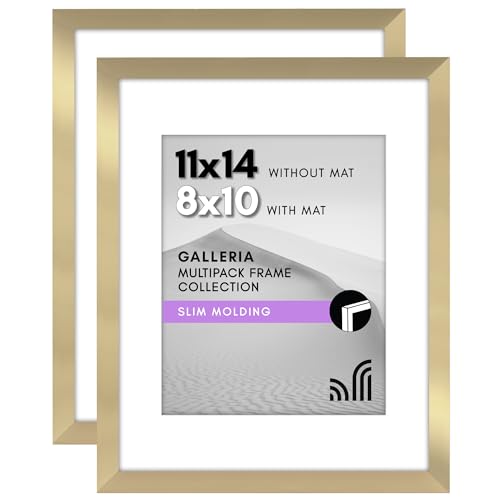 Americanflat 11x14 Picture Frame with Polished Plexiglass - Set of 2 - Use as 8x10 Frame with Mat or 11x14 Frame Without Mat - Galleria Collection - Gallery Wall Frame Set for Wall Display - Gold