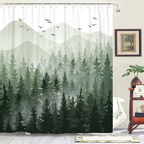 Accnicc Green Misty Forest Shower Curtain Ombre Sage Green White Mountain Pine Tree Waterproof Fabric Shower Curtains for Bathroom Nature Woodland Decorative Modern Bath Curtain Decor 72×72 Inches
