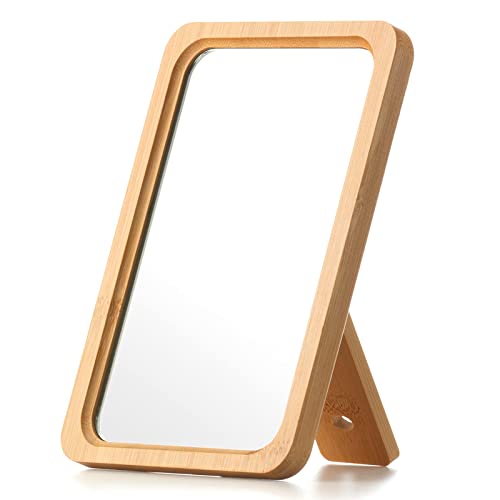 "Jasefa Natural Bamboo Folding Desk Mirror with Stand - Ideal for Travel, Cosmetics, Office - 6.5"" W x 9"" L"