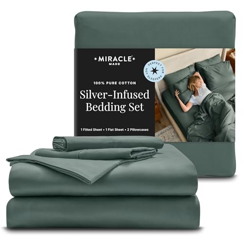 Miracle Made Cotton Bed Sheet - Sage Green, Queen - 4 Piece Silver Infused Sheet Set - 300 Thread Count - Thermoregulating Clean & Cool