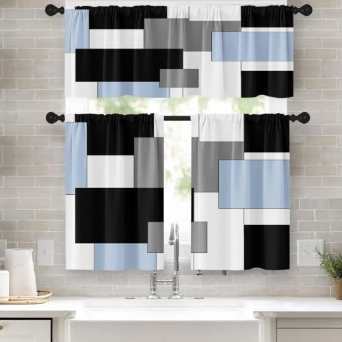 Tayney Sky Blue Kitchen Window Curtains Valance and Tier Set 36 Inch, Black Grey White Modern Rod Pocket Short Tier Curtain for Bathroom, Abstract Art Small Cafe Drapes for Decor