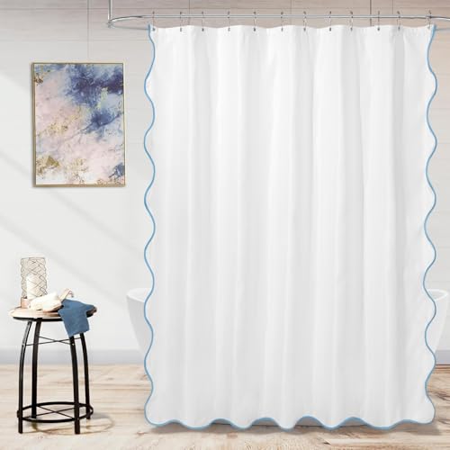 ORTIGIA White Blue Shower Curtain 72 W x 84 H Inch Extra Long, Blue Scalloped Shower Curtain Coastal Pretty Aesthetic Waterproof Fabric Bath Bathroom Decor with Metal Hooks