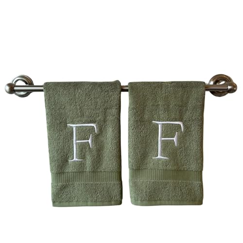 Sage with White Monogrammed Hand Towels for Bathroom - Set of 2 Letter F - Luxury Hotel Quality Initial Towels For Powder Room, Spa, GOTS Organic Certified