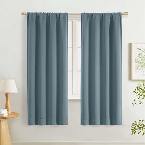 "Lecloud Stone Blue Curtains 63 Inch for Living Room Length 2 Pcs, Room Darkening Rod Pocket Solid Window Curtains for Bedroom, Thermal Insulated Long Drapes for Dining Room, Each Panel 40"" W x 63"" L"
