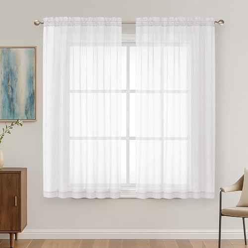 OVZME White Sheer Curtains 63 Inches Long 2 Panels Set, Light Filtering Sheer Curtains for Living Room Bedroom 59 Inch Extra Wide, Modern Voile Filmy Rod Pocket Window Drapes, 59Wx63L Inches