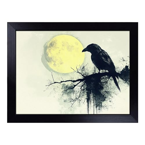 Lap Tray with Bean Bag Cushion, Raven Bird - Handmade in the UK, Raised Wooden Edge, Padded Cushion, Heat-Resistant Wipe-Clean Surface, for Meals, Laptops and Crafts