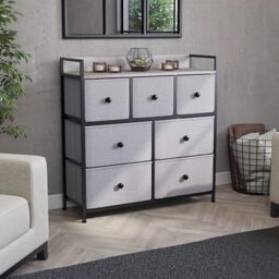 Vida Designs Chorley 7 Drawer Chest Of Drawers Fabric Storage Organizer Unit With Wood Top, Metal Frame & Handles - Ideal For Bedroom, Living Room, Nursery - Beige & Grey Wood