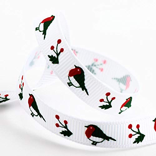 Italian Options Robins Christmas Grosgrain Ribbon, Christmas Ribbon for Crafts, Gift Wrapping, Wreaths, Tree Decorations, Hair Bows, White, 9 mm x 5 Metre Roll