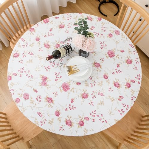 Pioggia Round Vinyl Fitted Tablecloth with Flannel Backing Elastic Table Cloth Waterproof Oil-Proof Plastic Cover