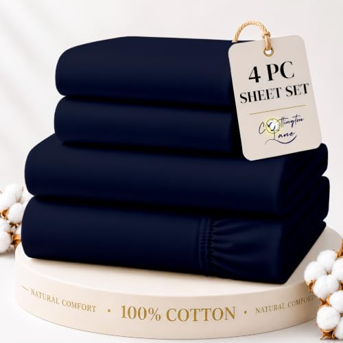 Cottington Lane 100% Cotton King Sheet Set, 4 Piece Navy Blue Luxury Hotel Quality Sheets, Deep Pocket Fits 8-16 Inch Mattress, Soft, Durable, Cooling & Breathable Bedding for King Bed