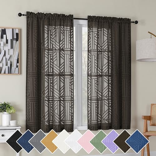 Simplebrand Chocolate Semi Sheer Curtains 54 Inch Length 2 Panels, Geometric Jacquard Clip Textured Short Sheer Curtains for Bedroom???Modern Elegant Window Curtains Drapes/Treatment Sheer???42x54 inch