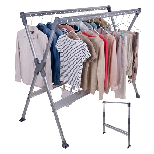 Relaxdays laundry rack, extendable and foldable, HxWxD: 126.5 x 150-250 x 76 cm, for clothes hangers, silver