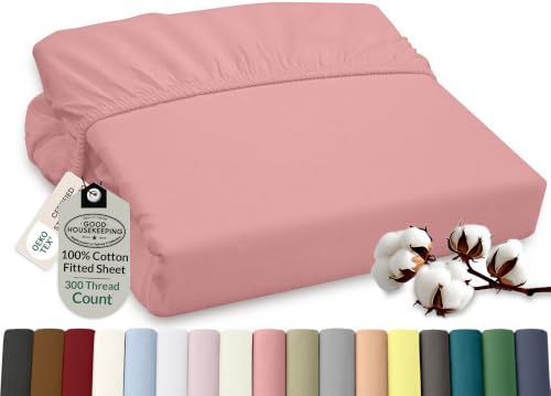 ROYALE LINENS 300 Thread Count 100% Long Staple Combed Cotton Fitted Sheet King - Super Soft Deep Pocket Bottom Sheet - Fitted Sheets Only - Elastic Sheets (King, Pink)