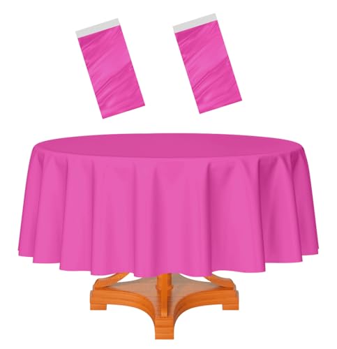 HEIPINIUYE 2 Pack Hot Pink Tablecloth Round 84 Inch Round Plastic Table Cloth Waterproof Disposable Round Table Cover for Party Birthday Camping Picnic Baby Shower Circle Tablecloth
