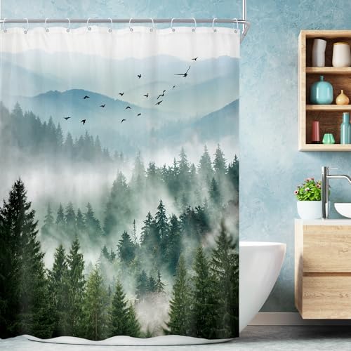 "Riyidecor Green Mountain Stall Narrow Rv Small Bathroom Shower Curtain Set - 48""W x 72""L shower curtain??? Nature Woods: HD waterproof print, quick-dry cloth, free hooks for easy installation."