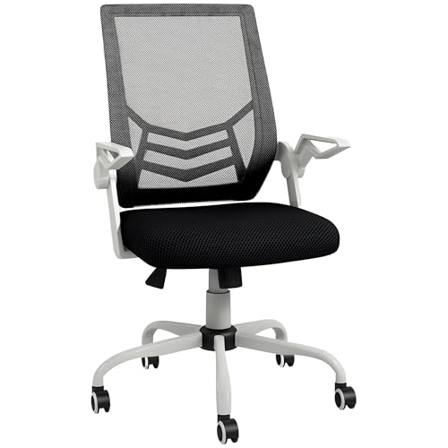 Vinsetto Office Chair with Flip-up Armrest, Mid Back Desk Chair with Mesh Back, Lumbar Support, Adjustable Height, Swivel Wheels for Home, Black and White