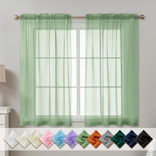 "ABLUEN Sage Green Sheer Curtains 54 Inch Length, Privacy Semi Sheer Curtains for Dining Room Kitchen, Light Filtering Rod Pocket Voile Window Drapes 2 Panels Set, Each 42"" W x 54"" L"