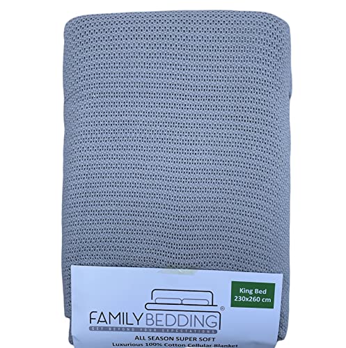Family Bedding® -100 Percent Pure Cotton - Extra Soft & Cozy Cellular Blanket & Throws -King Bed-230x260cm. (Grey)