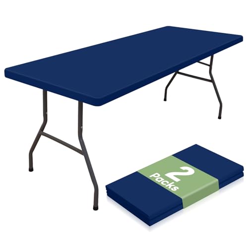 "misaya 2 Packs Rectangle Spandex Tablecloths, Stretch Elastic Tablecloth Cover Fitted for 6 Foot Tables, Waterproof Polyester Washable Table Cloth for Dining, Party, Outdoor (Navy Blue, 30"" x 72"")"