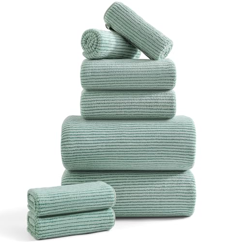 8-Piece Premium Towel Set for Bathroom-2 Oversized Large Bath Sheet,2 Hand Towels,4 Washcloths-Soft Cozy Highly Absorbent Fast Dry Microfiber Shower Towel Set for Hotel Bathroom Essentials,Green