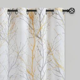 "Fmfunctex Semi-Sheer Print Curtains for Bedroom Yellow Grey Tree Branches Curtain Panels on White Linen Textured Draperies for Basement, Laundry Room Living Room 50”W x 72"" L 2 Panels"