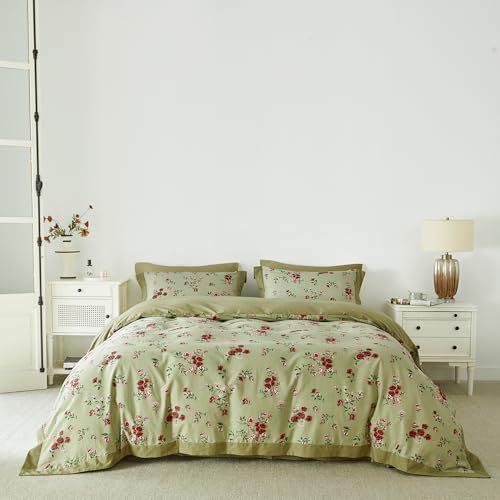 YuHeGuoJi Red Flower Duvet Cover Queen 100% Cotton 3 Pcs Set 1 French Rose Floral Duvet Cover with Zipper Ties 2 Pillow Shams Decorative Sage Green Botanical Ruffle Wide Trim Bedding Set Soft
