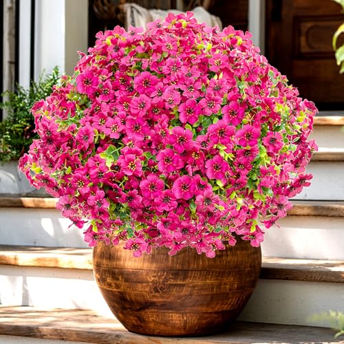AXYLEX Artificial Flowers for Outdoors Fake Plants - 16 Bundles Faux Outside Boxwood No Fade UV Resistant Plastic Shrubs Spring Home Decor Farmhouse Garden Greenery (RedPink)