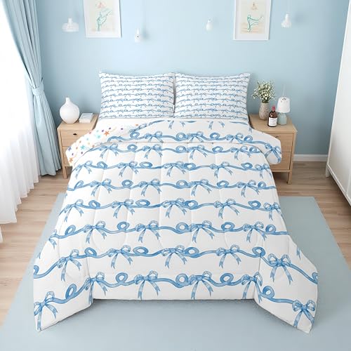 Erosebridal Blue Bow Tie Twin Comforter Set for Girls - Coquette Ribbon Bows Bedding Sets for Kids Teen, Blue and White Striped Bed Set, Cute Kawaii Bowtie Room Decor, 1 Pillowcase