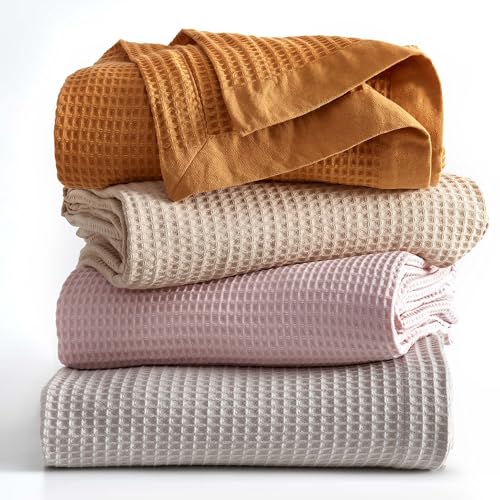 100% Cotton Taupe Blanket Full/Queen Size for Bed - Breathable and Soft, Waffle Weave for Summer Spring, 90x90 Inches