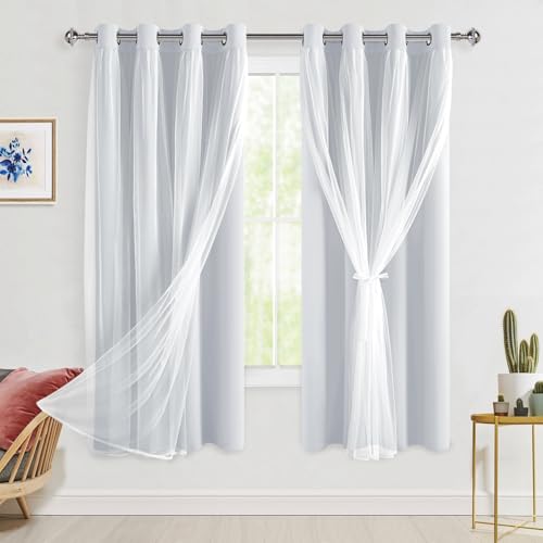 Hiasan Greyish White Blackout Curtains with Sheer Overlay, Grommet Thermal Insulated Mix & Match Double Layer Window Curtains for Girls Bedroom, Living Room, 2 Panels Sewn with Tiebacks, 52W X 63L