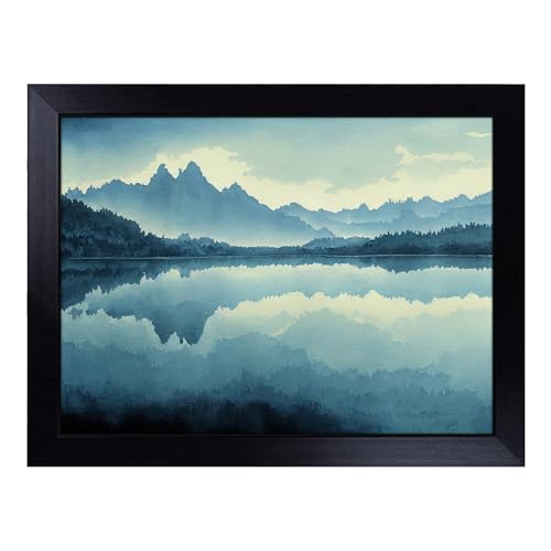 Lap Tray with Bean Bag Cushion, Watercolour Forest Lake - Handmade in the UK, Raised Wooden Edge, Padded Cushion, Heat-Resistant Wipe-Clean Surface, for Meals, Laptops and Crafts