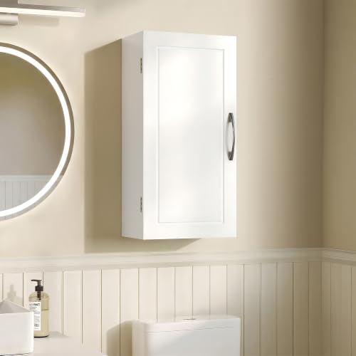 VASAGLE Bathroom Wall Cabinet, 1-Door Storage Cupboard, 30 x 18 x 60 cm - Wall Mounted Multipurpose Organiser with Adjustable Shelves for Kitchen, Cloud White, SIREN Collection BBK322WB01