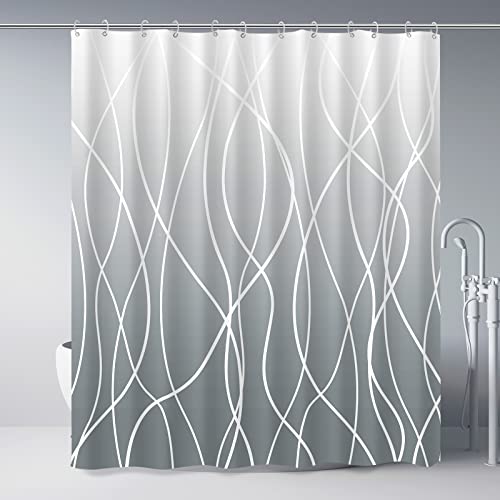 Punkray Ombre Grey Shower Curtain for Bathroom with Hooks,White Shower Curtain Set,Stripe Bath Curtains Decorative Shower Curtains Water Repellent Washable, 72x72
