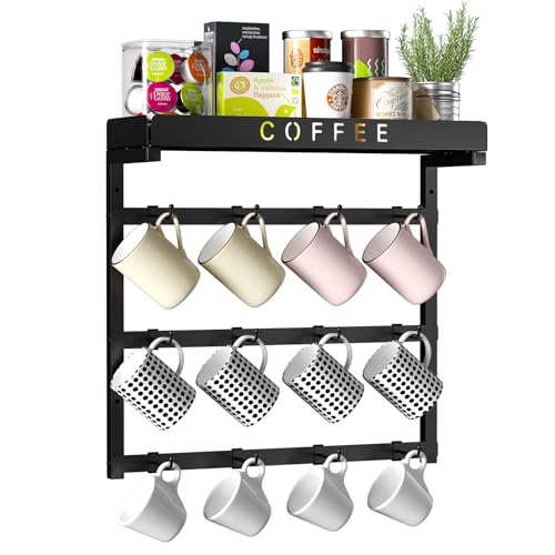 RCHYFEED Coffee Mug Holder Rack Wall Mounted, Adjustable 12 Hooks Reduce Mugs Collisions, Cup for Home Kitchen Display and Collection, Upper Basket Storage Shelf Pods Sugar Bags