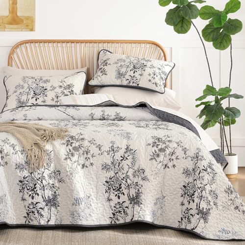 "WONGS BEDDING Floral Botanical Quilt Set YS01AC090662AF-A - Spring Summer Floral Farmhouse Bedspread with 2 Shams,Soft Microfiber Lightweight Coverlet for All Season 96""??90"""