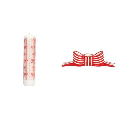 Bow Christmas Advent Pillar Candle & Red Bow Ceramic Candle Holder Bundle