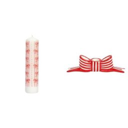 Bow Christmas Advent Pillar Candle & Red Bow Ceramic Candle Holder Bundle