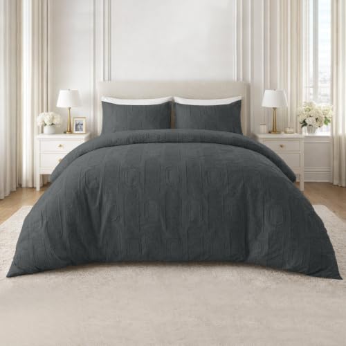 GC GAVENO CAVAILIA Geometric Blocks Double Duvet Set - Reversible Microfiber Bedding Double Bed Set Pillow Cases - Hypoallergenic, Lightweight Quilt Cover Set With Button Closure, Charcoal