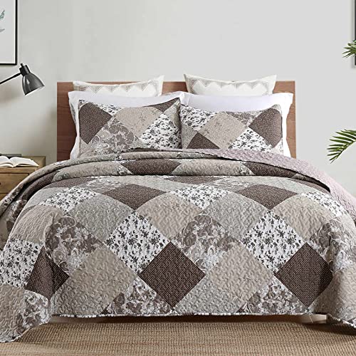 Boryard 3-Piece King Quilt Set, Lightweight Soft Bedspread Coverlet (104x90 inches) with 2 Pillow Shams (20x36 inches) for All Season, Brown Plaid