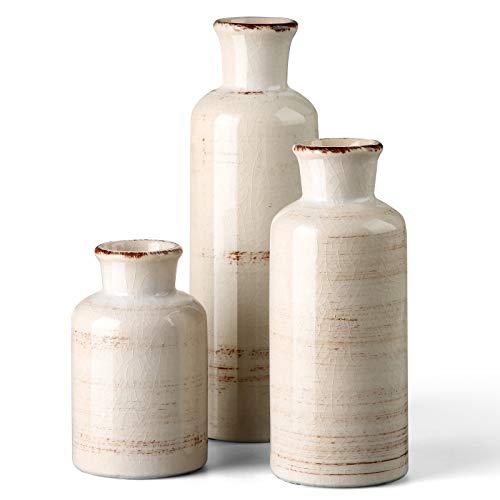 CwlwGO- Ceramic Rustic White Vase for Home Decor, Set of 3 Decorative Vases for Table, Kitchen, Living Room,Decorative Touch to Any room's Decor.Cracked Glass Glaze.……