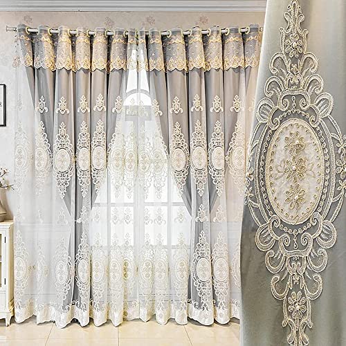 Amidoudou 1 Pair European Double Layer Curtains with Valances for Living Room Bedroom Luxury 3D Flower Embroidered Curtains (Grey,52x90 Inch)