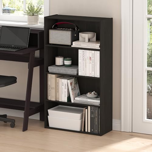 Furinno PASIR Book Shelf, 4-Tier Bookshelf, Bookcase with Open Shelf, 23.9cm x 59.9cm x 105.9cm, for Living Room, Bedroom, Home Office, Black Espresso