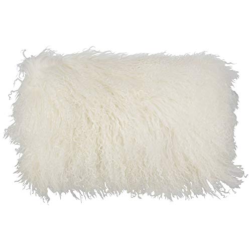"SARO LIFESTYLE 100% Wool Mongolian Lamb Fur Throw Pillow with Poly Filling, 12"" x 20"", Ivory"