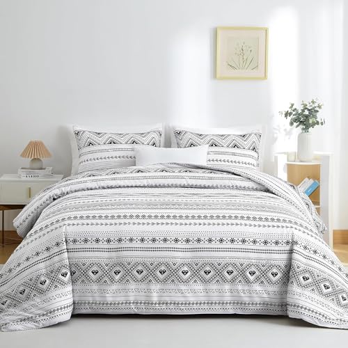 BOLINLIVING Queen Size Comforter Set, Boho Stripe Comforter Set 3 Pieces, Bed in a Bag Queen Soft Bohomian Bedding Lightweight Breathable for All Seasons (Grey 90??90 inch)